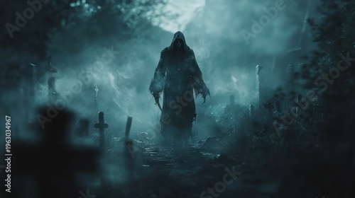 Grim reaper silhouette in spooky cemetery