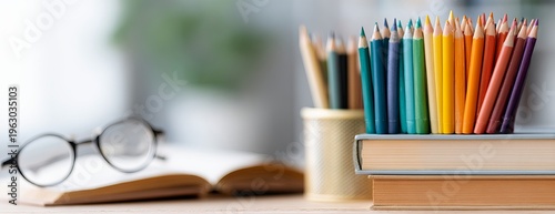 Back-to-school and lifelong learning concept featuring colorful books and drawing pencils in a bright, modern setting.