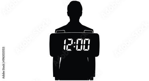 Person holding a digital clock displaying twelve o clock silhouette