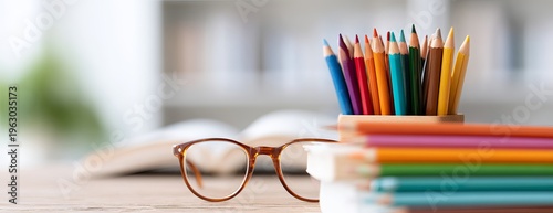 Back-to-school and lifelong learning concept featuring colorful books and drawing pencils in a bright, modern setting.