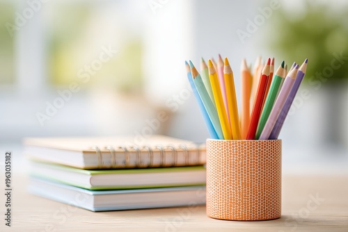 Back-to-school and lifelong learning concept featuring colorful books and drawing pencils in a bright, modern setting.