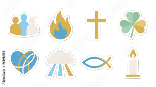 Collection of Christian and spiritual symbols in a modern flat sticker style, representing faith, community, and divine concepts, with a gentle pastel color palette, isolated vector illustration.