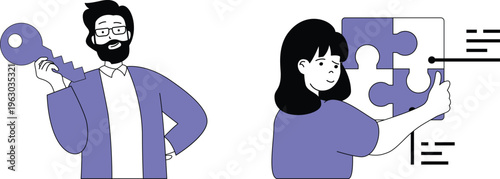 Man holding key and woman solving puzzle on screen with code symbols around them together