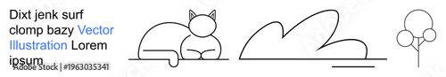 Minimalist design, nature , pet care, modern art, graphic templates, decoration. Line drawing of a cat, bush and tree. Minimalist design and nature themes concept