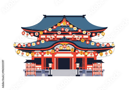 Traditional Japanese Temple with Lanterns and Ornate Architecture.