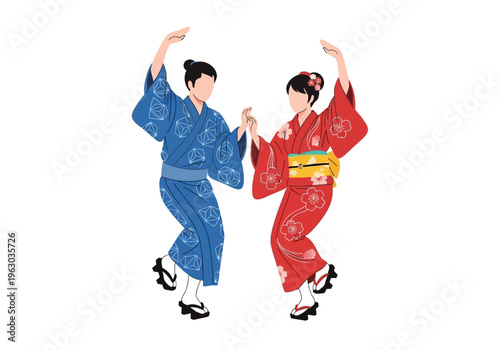 Fotografie Two people in traditional Japanese yukata dancing joyfully.