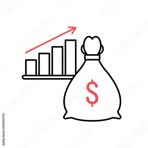 icon an economic stimulus with a money bag and rising bar chart, isolated against a clean background