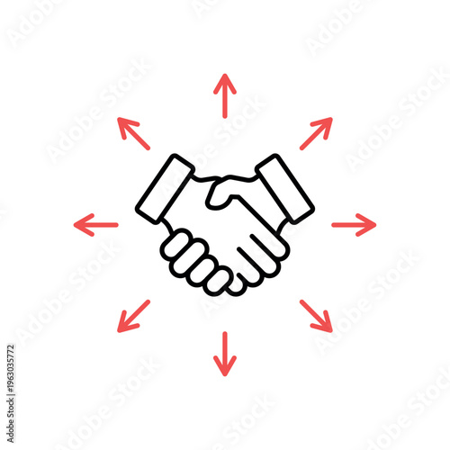icon a trade expansion with central handshake and outgoing arrows, isolated against a clean background.