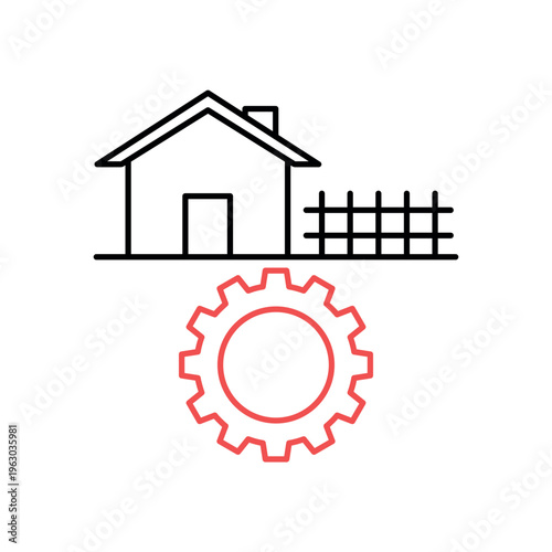 icon a rural revitalization with a house farm and mechanical gear, isolated against a clean background.