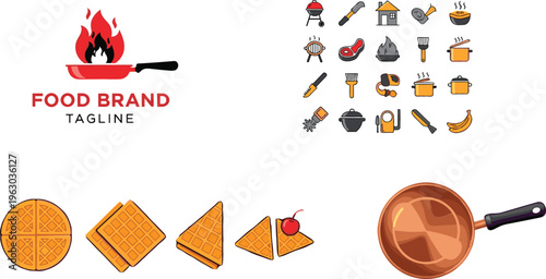 Food brand logo and cooking icon set featuring frying pan, fire flame, waffles, kitchen utensils and breakfast elements vector illustration