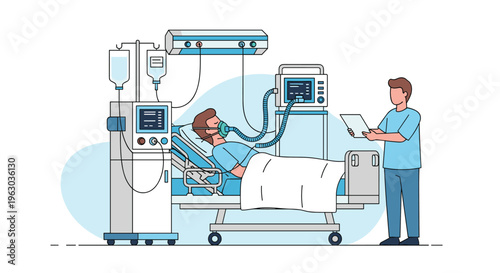 Male patient lying in a hospital bed with an oxygen mask and connected to various medical monitoring and life support devices.