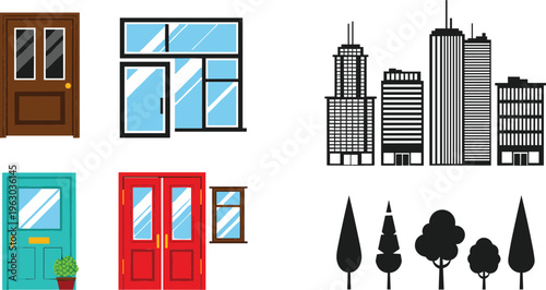 Flat vector icon set featuring doors, windows, city buildings skyline and tree silhouettes isolated on white background illustration