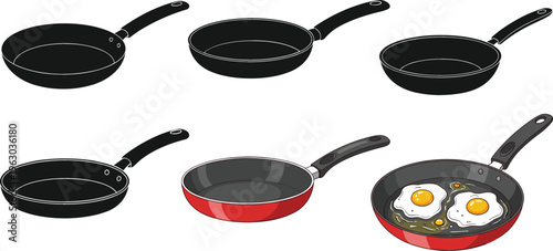 Frying pan cookware vector set featuring nonstick skillets in different angles with fried eggs cooking illustration isolated on background