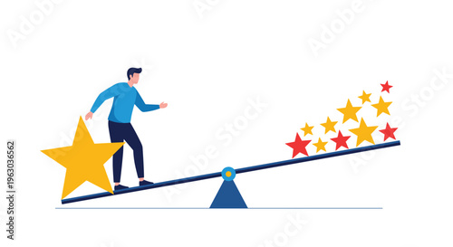 Successful businessman standing on a large see-saw to lift up a group of smaller stars in a concept of balance and achievement.