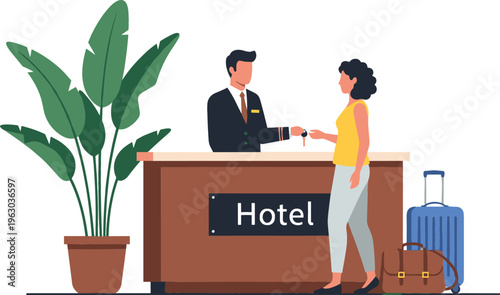 Hotel reception check-in scene with receptionist handing room key to guest traveler with luggage modern hospitality service vector illustration