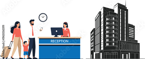 Hotel reception scene with family checking in at front desk and modern city building exterior vector illustration hospitality and travel concept