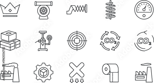Industrial and manufacturing line icon set featuring factory equipment, gears, pressure gauge, springs, carbon emission and production symbols vector illustration