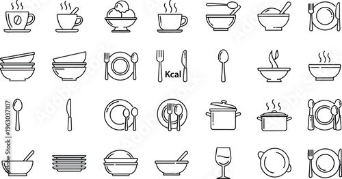 Minimal kitchen and dining line icon set featuring cups, bowls, plates, cutlery and cookware in clean outline vector illustration