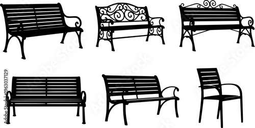 Park and Garden Bench Collection - Outdoor Furniture Seating Vector Silhouettes