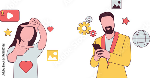 Creative man with beard uses phone while woman admires content and shares excitement globally