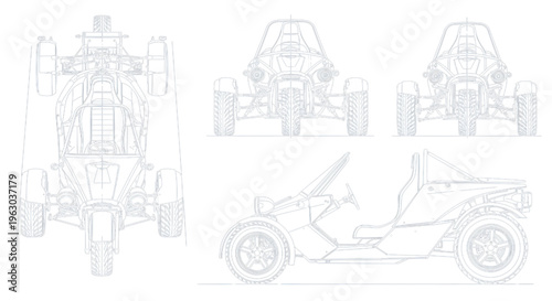 Three-Wheel Vehicle AutoCAD Blueprint Vector – Multiview Technical Drawing White Outline on Dark Blue Background