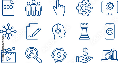 Digital Marketing Business Icon Set Featuring SEO Strategy Data Analytics Customer Support Teamwork Gear Optimization Content Management Video Production and Financial Growth