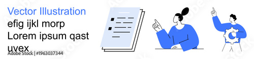 Collaboration, teamwork, idea generation, brainstorming, document review, productivity. ion of a document, person pointing and team gear. Collaboration and teamwork concept