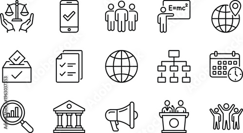 Business and Law Icon Set Featuring Legal Scales Justice, Election Ballot, Global Strategy, Educational Classroom, Corporate Hierarchy, Financial Banking, and Communication