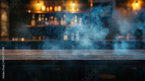 Bar interior with smoke and illuminated lights