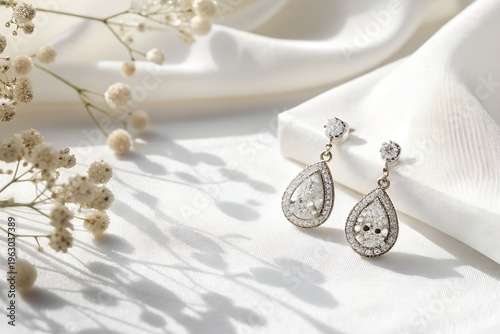 Stunning pair of luxurious pear-shaped diamond earrings gleams brilliantly on a pristine white silk fabric, reflecting elegance and sophistication. These exquisite jewels are perfect for weddings, eng