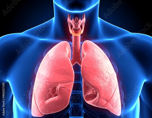 Rendered anatomical illustration of the human respiratory system. Shows lungs, trachea, larynx, and surrounding chest cavity