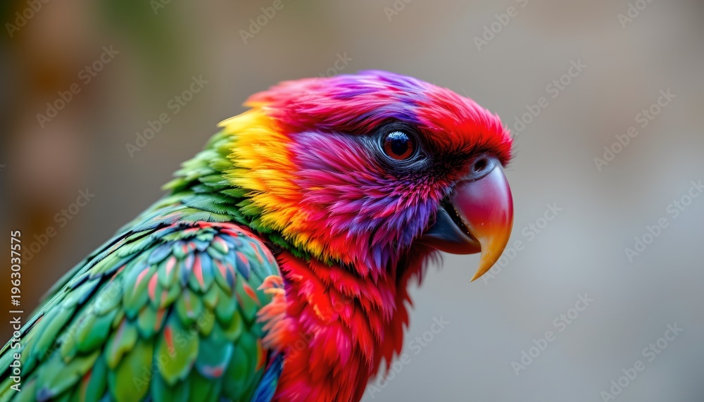 Obraz premium The image features a vibrant, multicolored bird with striking plumage that includes shades of red, purple, yellow, green, and blue