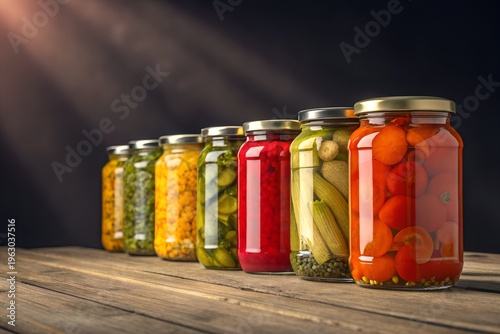 A vibrant assortment of homemade or commercially preserved fruits and vegetables are beautifully showcased in clear glass jars, neatly arranged on a rustic wooden surface, highlighting their diverse c