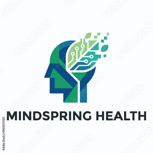 Human head profile with digital leaf and pixels for mindspring health and neuro tech logo