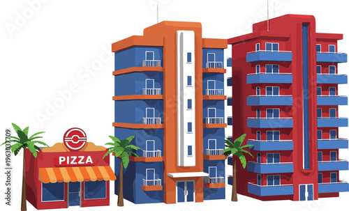Modern urban apartment buildings with pizza restaurant storefront and palm trees colorful vector illustration of city street architecture