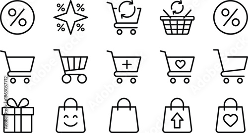 E-commerce Shopping Icon Set Featuring Retail Store Bags, Online Cart Checkout, Discount Coupons, Credit Card Payments, Gift Boxes, and Digital Sales