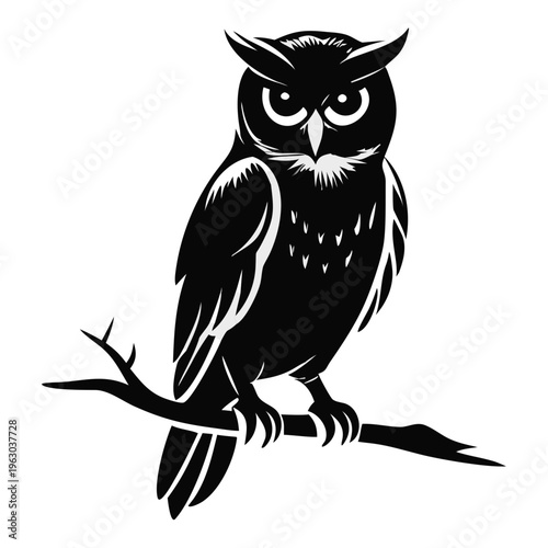 Owl on branch vector illustration. Black and white silhouette of a nocturnal bird. Stylized nature logo and wildlife design element isolated on transparent background