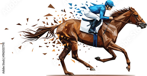 Horse racing jockey illustration, polygonal sports artwork, dynamic motion design collection, brown blue figure set, stylized equestrian profiles