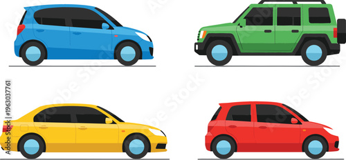 Modern car vector set featuring sedan, hatchback and suv vehicles in different colors isolated transportation illustration