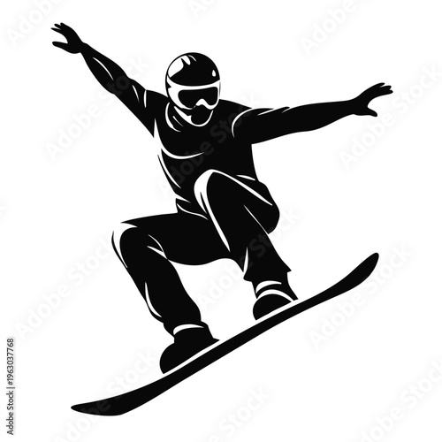 Snowboarder jumping silhouette vector illustration. Extreme winter sports and freestyle concept. Black graphic element isolated on transparent background