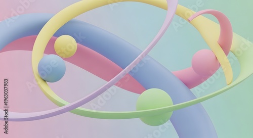 Whimsical abstract composition of intertwining pastel colored ribbons and spheres on a soft gradient background.