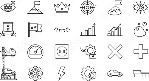 Abstract symbols and industrial line icon set featuring targets, charts, gears, vehicles and geometric elements in modern outline vector style
