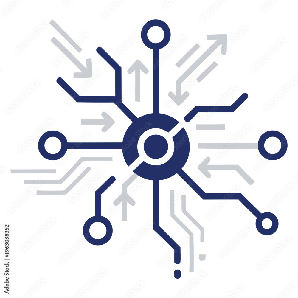 Obraz premium Central Data Hub and Connectivity Icon with Arrows and Nodes, Network Technology and Information Flow Vector