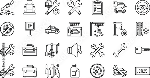 Automotive service and repair line icon set featuring car maintenance tools, parking, accessibility, battery and mechanic symbols vector illustration