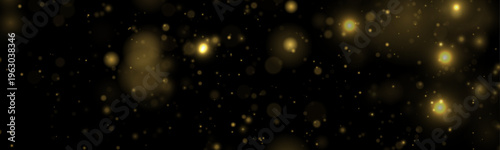 Yellow glitter dust sparkles, glowing light on dark background with shimmer, twinkle. Twinkle particles, stardust highlights flare sparks, lens flare, glare, magical festive glow, vector illustration.