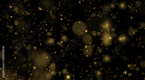 Golden dust glows in night light over dark background, sparkle, glitter, shimmer bokeh. Twinkle particle, stardust highlights flare. Festive magical sparks with glare, lens flare vector illustration. 