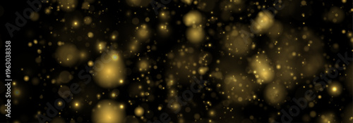 Golden glitter dust floats in night light, scattering sparkle, shimmer, twinkle bokeh. Sparks, stardust, highlights, flare, lens flare, glare, magical festive vector illustration on dark background. 