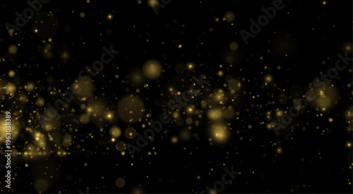 Golden dust drifts in night darkness, sparkle, shimmer, glitter soft bokeh. Twinkle particle, stardust highlights flare. Magical festive sparks with glare, lens flare illuminate, vector illustration.