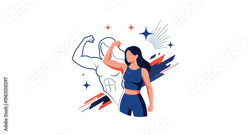 Determined young woman in fitness wear posing with her arms flexed alongside a powerful muscular silhouette in a gym concept.