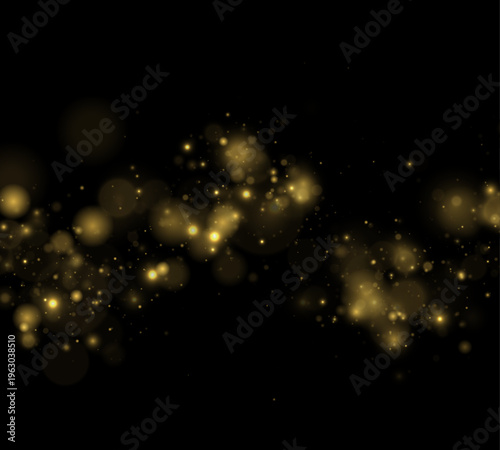 Yellow dust sparkles night darkness with shimmer, glitter, sparkle dark bokeh. Twinkle particle, stardust highlights flare while sparks, glare, lens flare magical golden festive vector illustration. 